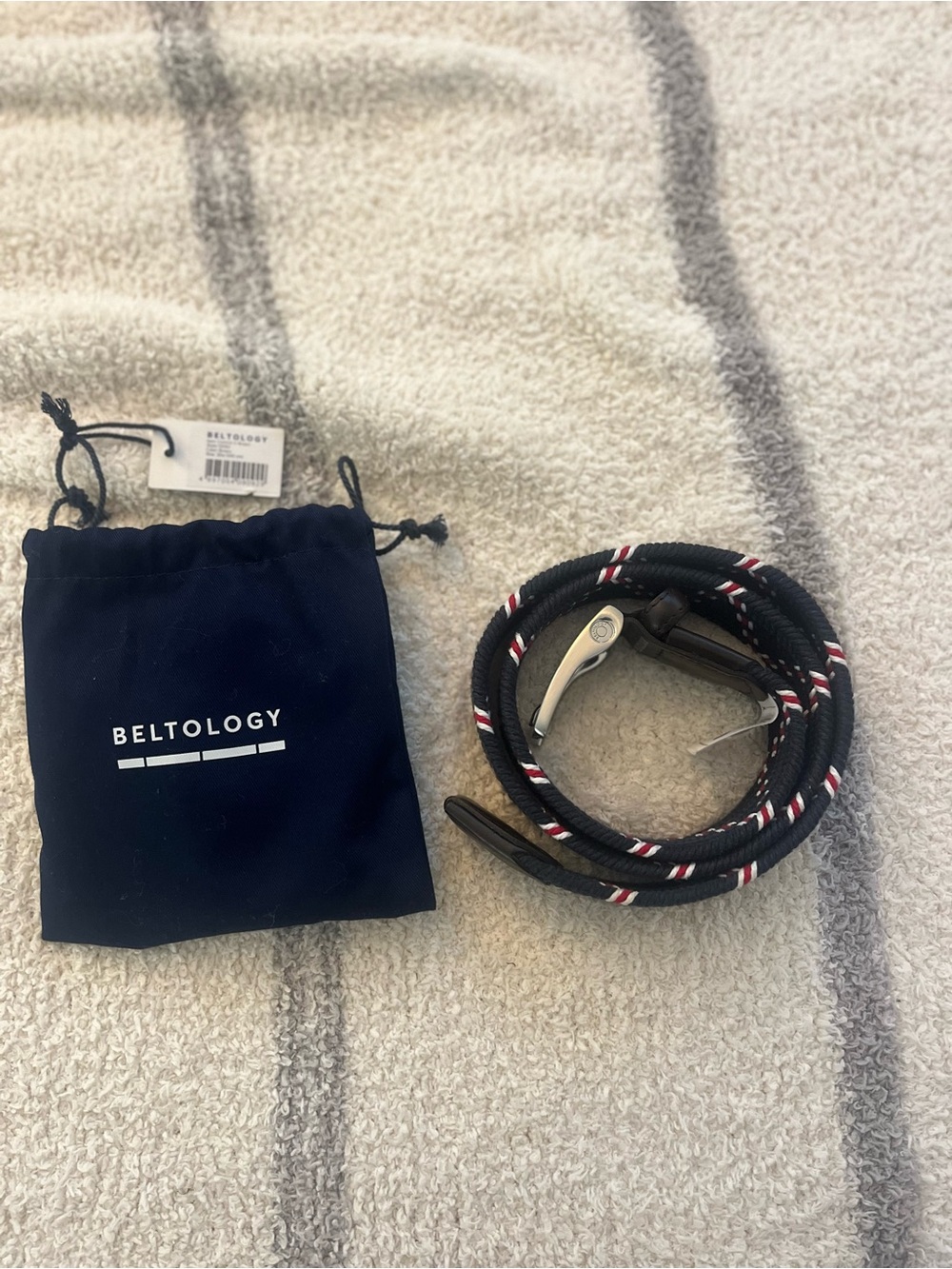 Men's Black Braided Rope Belt with Red & White Accents